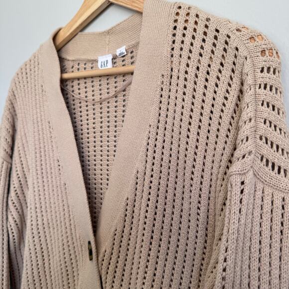 GAP Women's Open Knit Cardigan V-Neck Button Down Large Tan Beach Summer - Picture 6 of 10